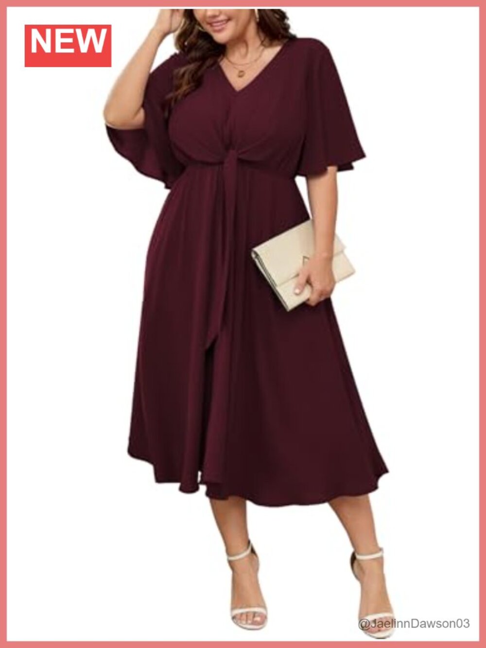 Plus Size Midi Dress V-Neck Tie Waist Ruffle Sleeve Wedding Guest
